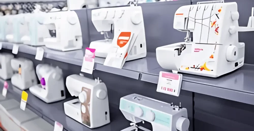 A store showcasing StitchingElite's best sewing machines and sergers, with over a dozen on display on a white table