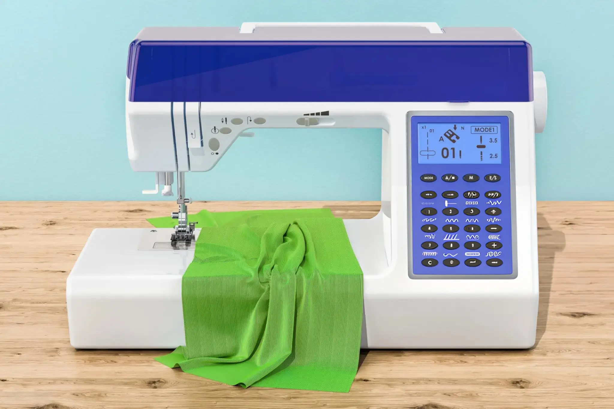 A computerized quilted sewing machine with green cloth on top, ready for precise and efficient stitching.