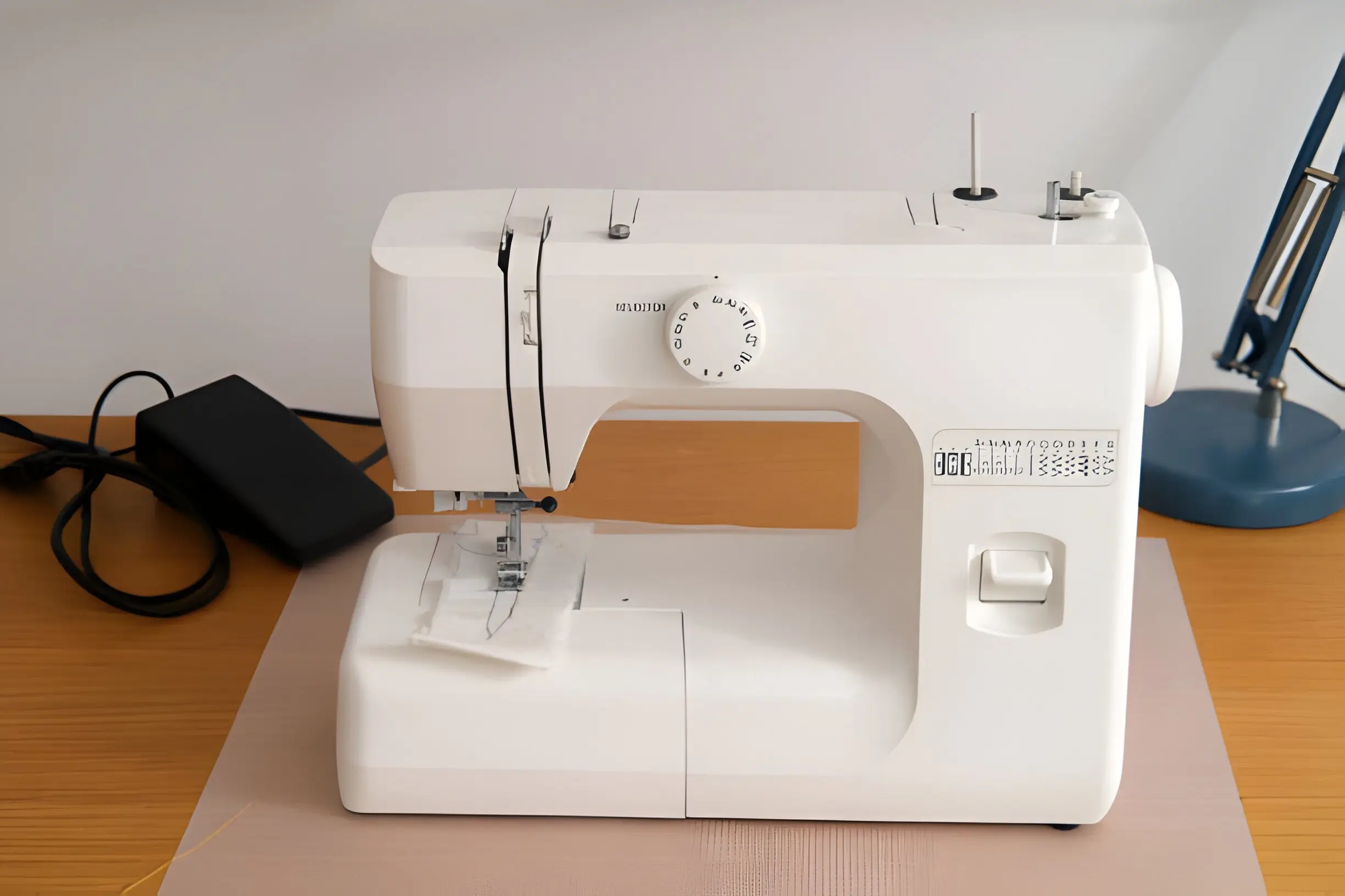 A mechanical sewing machine for quilting is placed on a table, accompanied by a lamp.