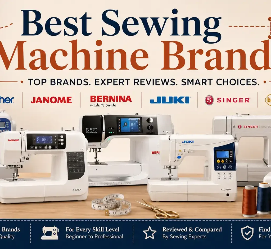 Best sewing machine brands comparison featuring Brother, Janome, Bernina, JUKI, Singer, and Baby Lock machines for beginners to professionals.