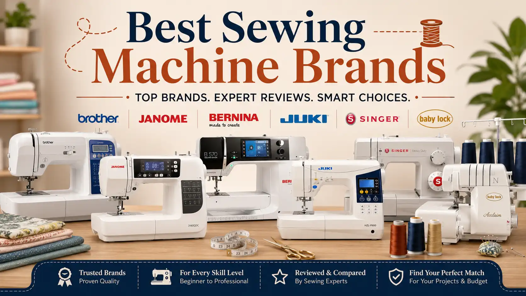 Best sewing machine brands comparison featuring Brother, Janome, Bernina, JUKI, Singer, and Baby Lock machines for beginners to professionals.