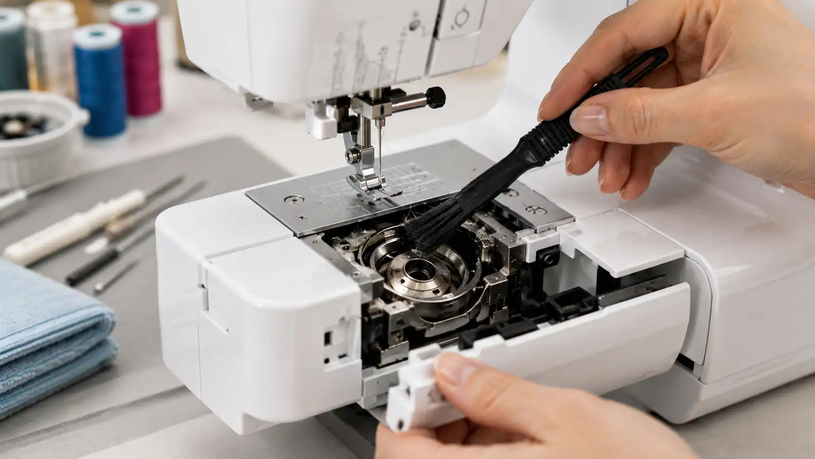 Cleaning lint from embroidery machine bobbin area