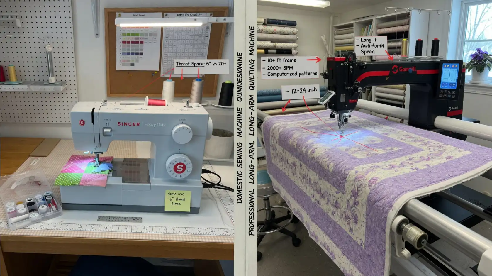 Domestic sewing machine versus long arm quilting machine