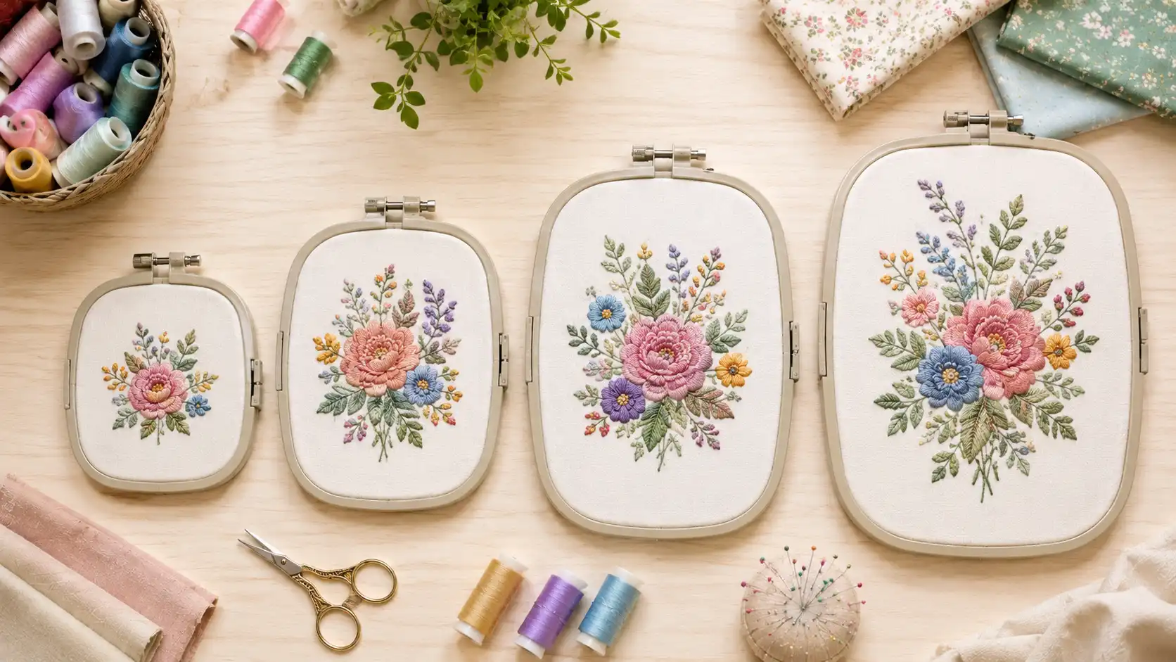 Comparison of common embroidery hoop sizes from 4x4 to 8x12
