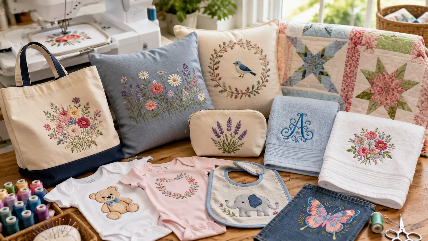 Collection of finished embroidery projects made with a computerized embroidery machine