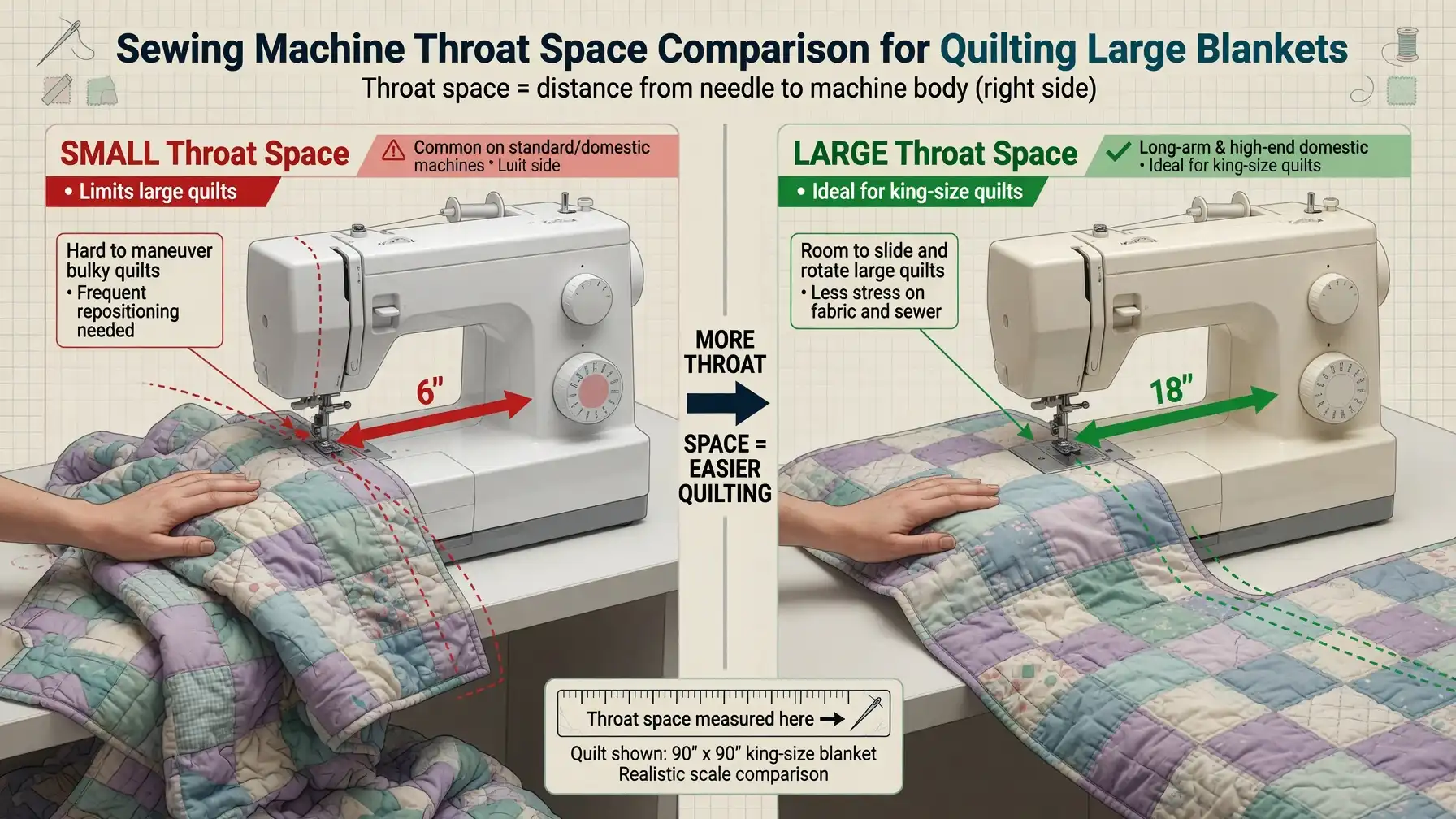 Illustration showing sewing machine throat space for quilting