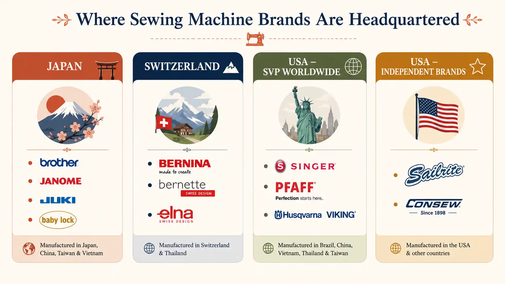 Where sewing machine brands are headquartered
