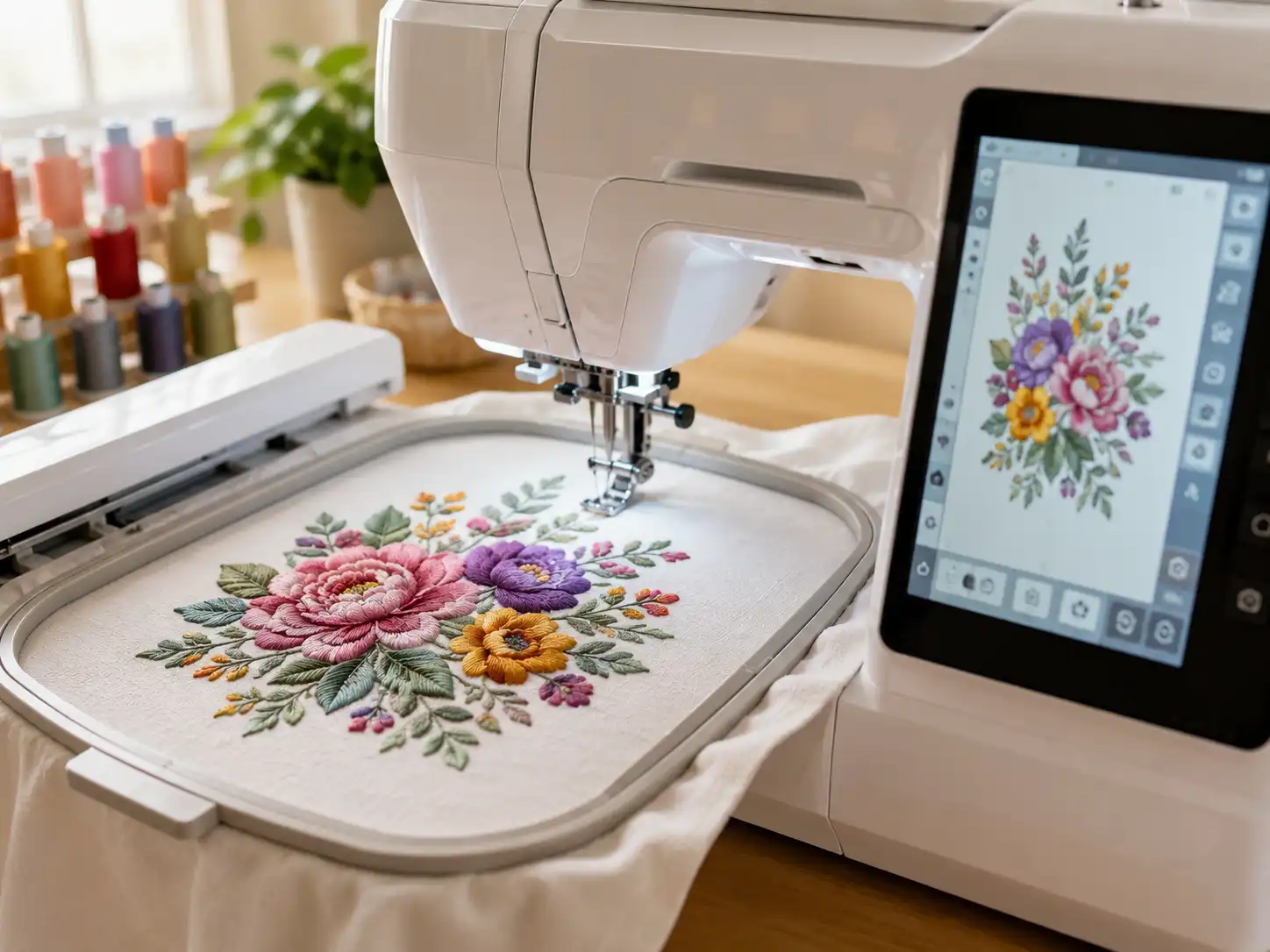 Close-up of a computerized embroidery machine stitching a colorful floral design