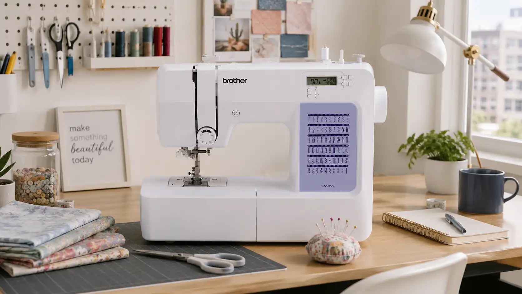 Brother CS5055 portable sewing machine in a small home sewing space