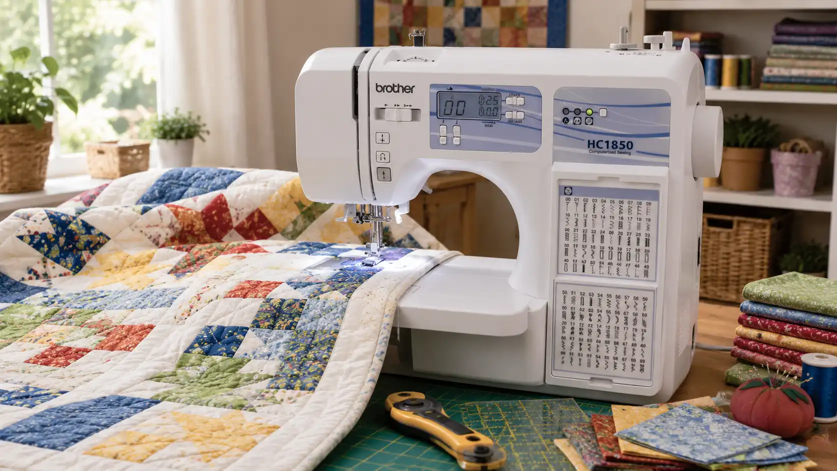 Brother HC1850 sewing colorful quilt blocks