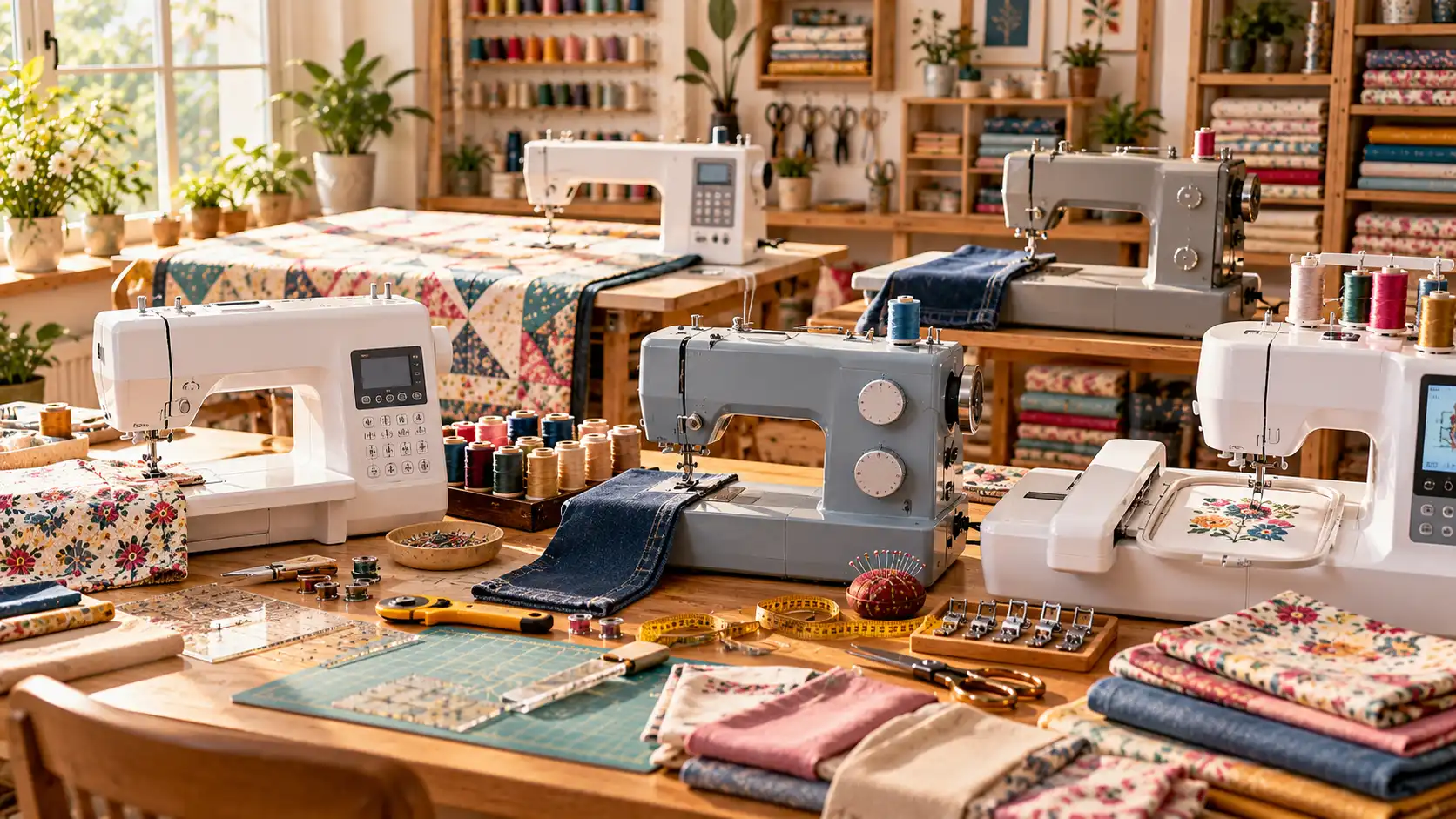 Best sewing machines arranged in a modern home sewing studio