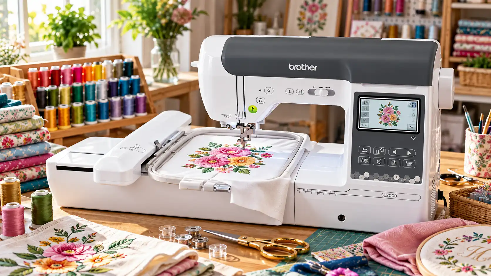 Brother SE2000 sewing and embroidery machine with hoop attached