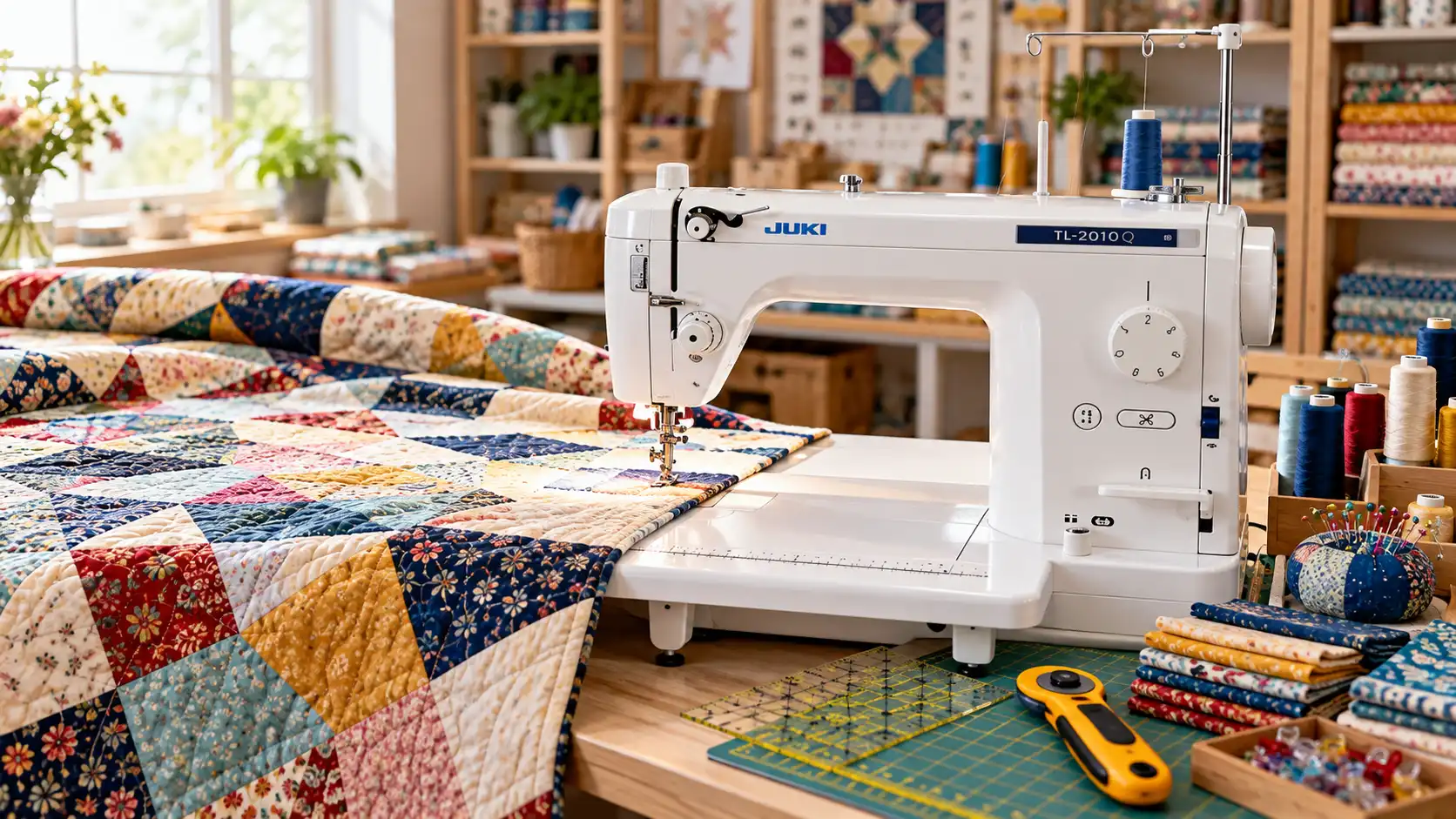 Juki TL-2010Q straight-stitch sewing machine with extension table