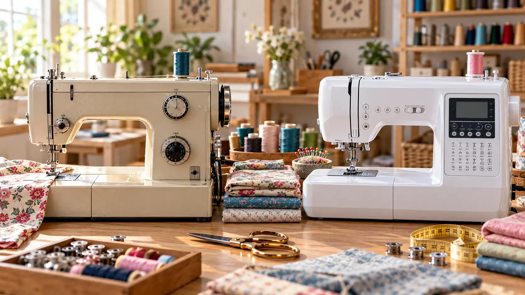 Mechanical and computerized sewing machines compared side by side