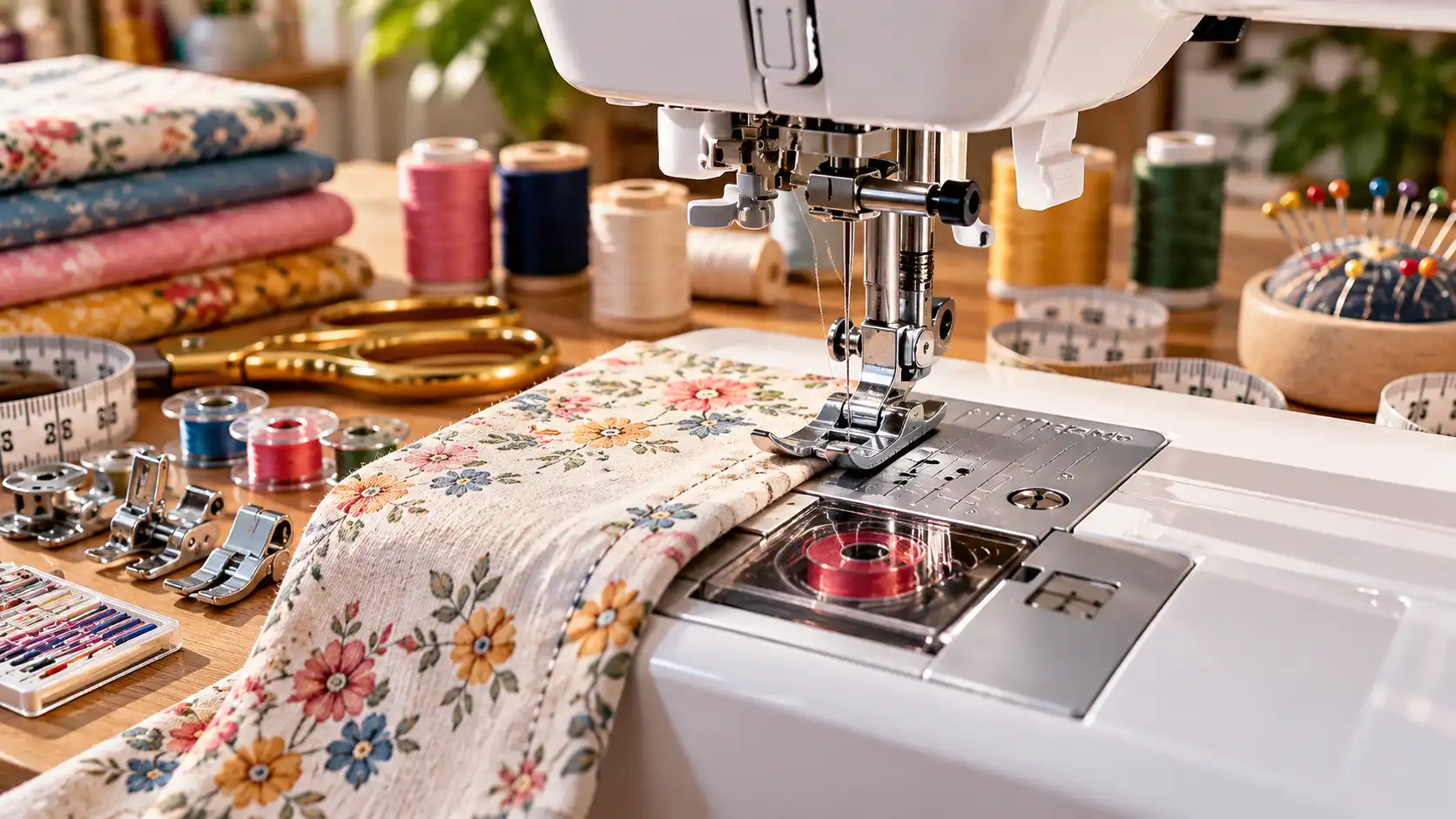 Close-up of sewing machine needle presser foot and fabric feeding system