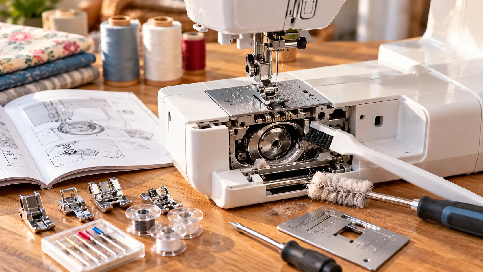 Cleaning and maintaining a sewing machine bobbin and feed dog area