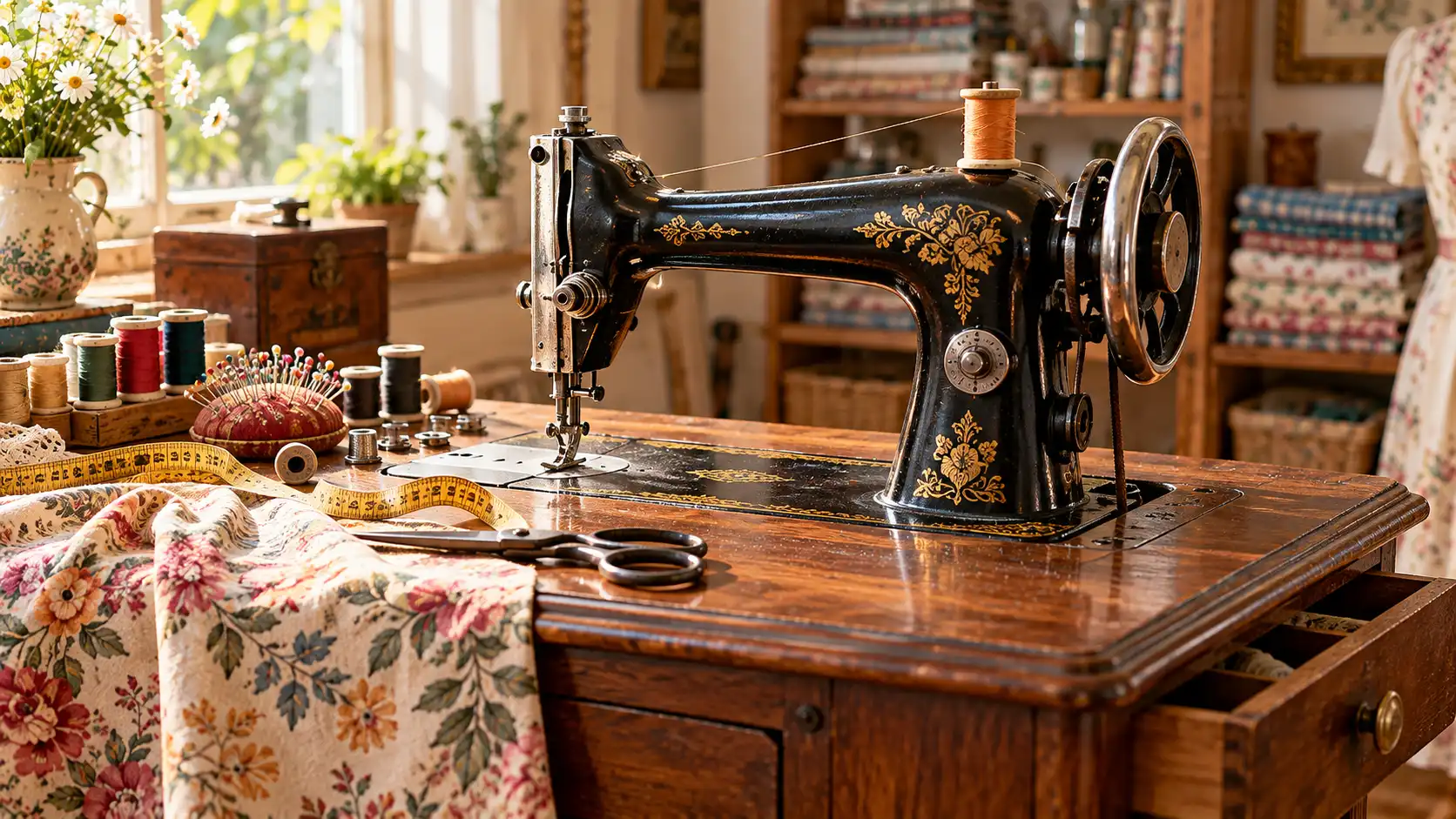 Well-maintained vintage mechanical sewing machine on a sewing table