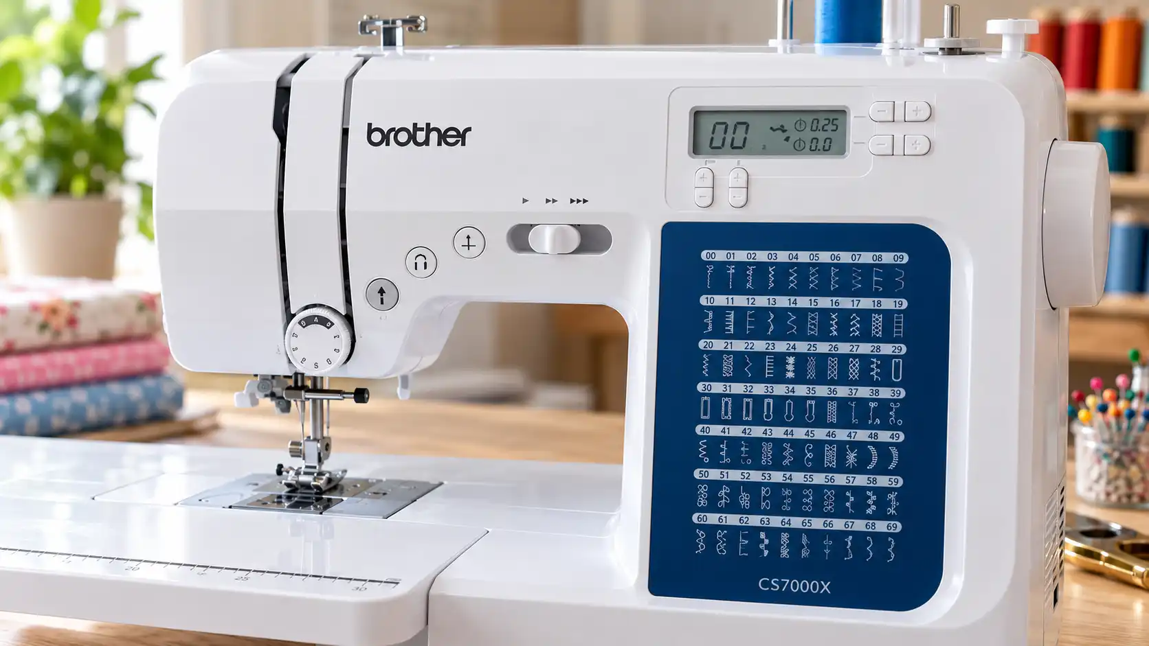 Brother CS7000X stitch selection panel showing its built-in stitch patterns and LCD display.