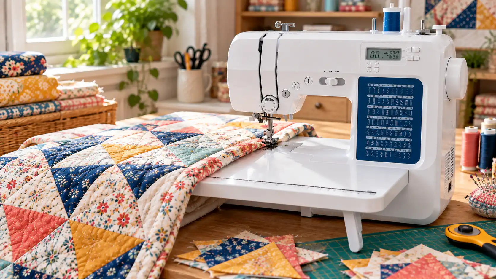 Sewing machine with an extension table supporting a patchwork quilting project.