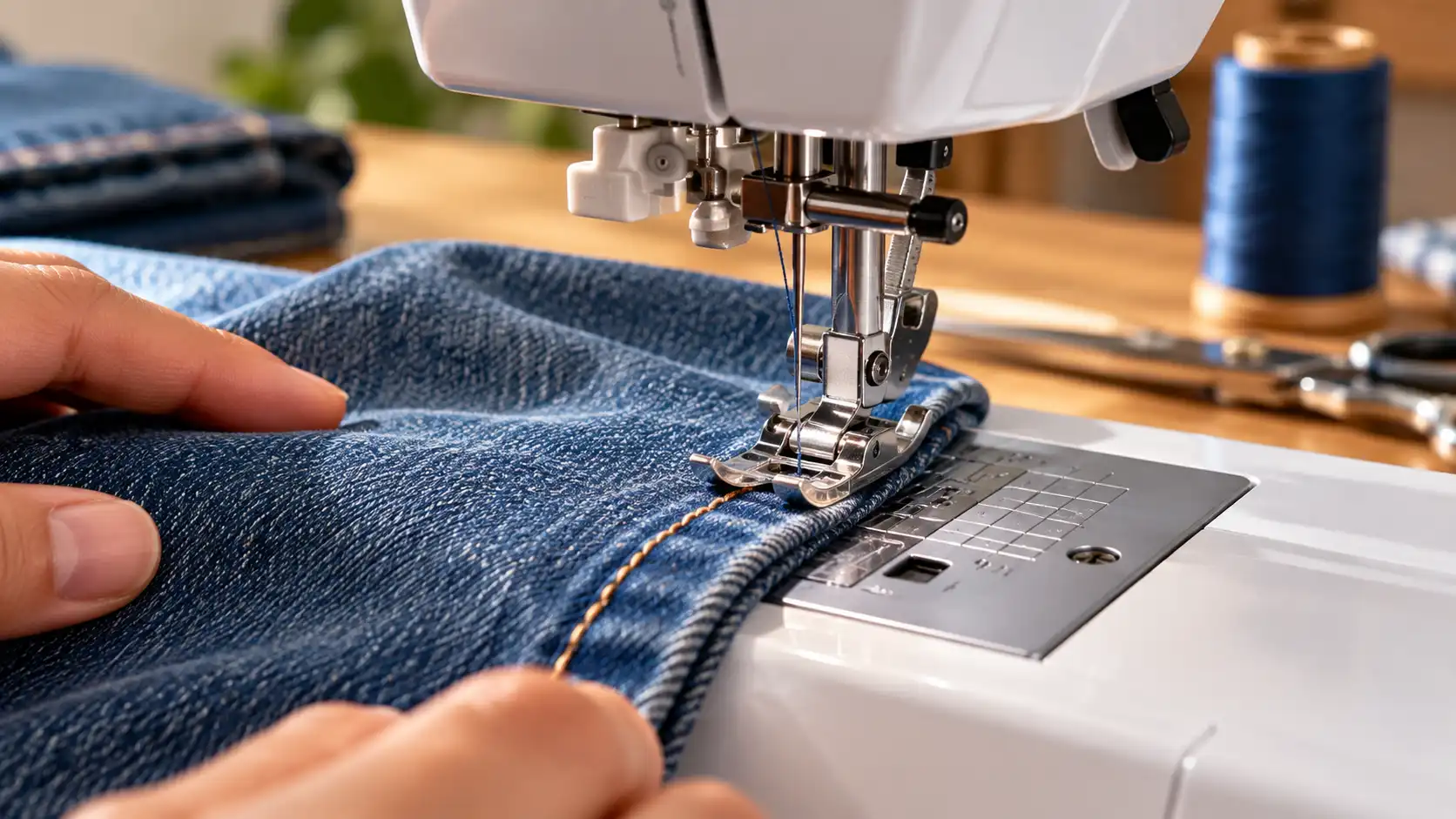 Sewing machine stitching a denim hem with denim fabric positioned beneath the presser foot.