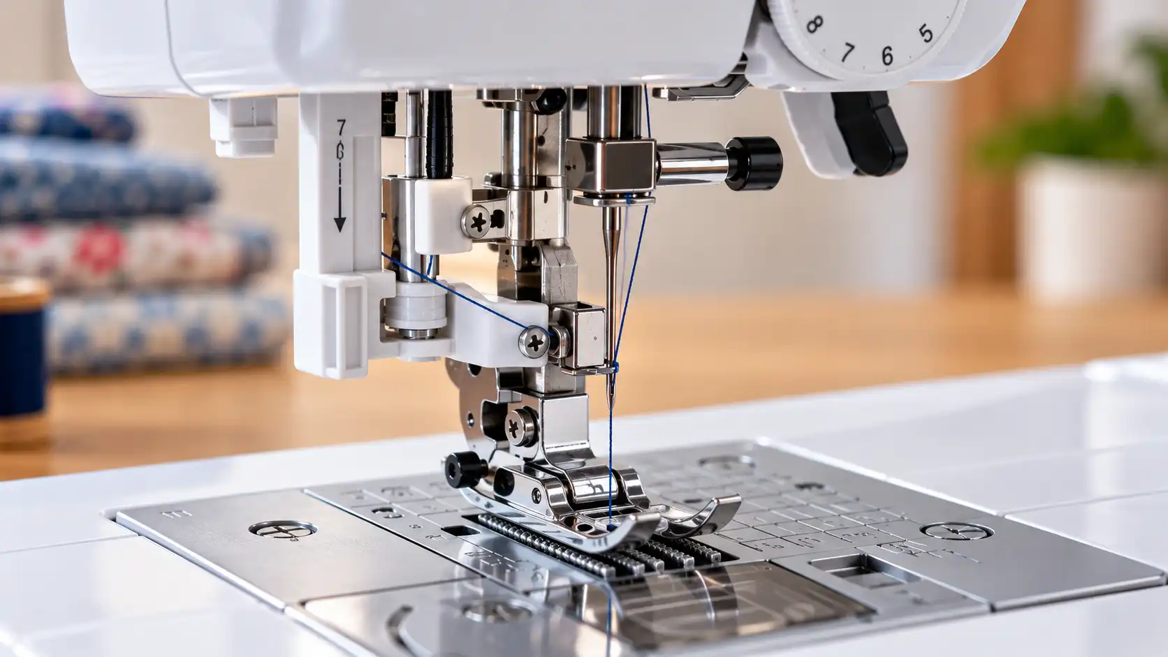 Close-up of the needle threading mechanism on a Brother CS7000X sewing machine.