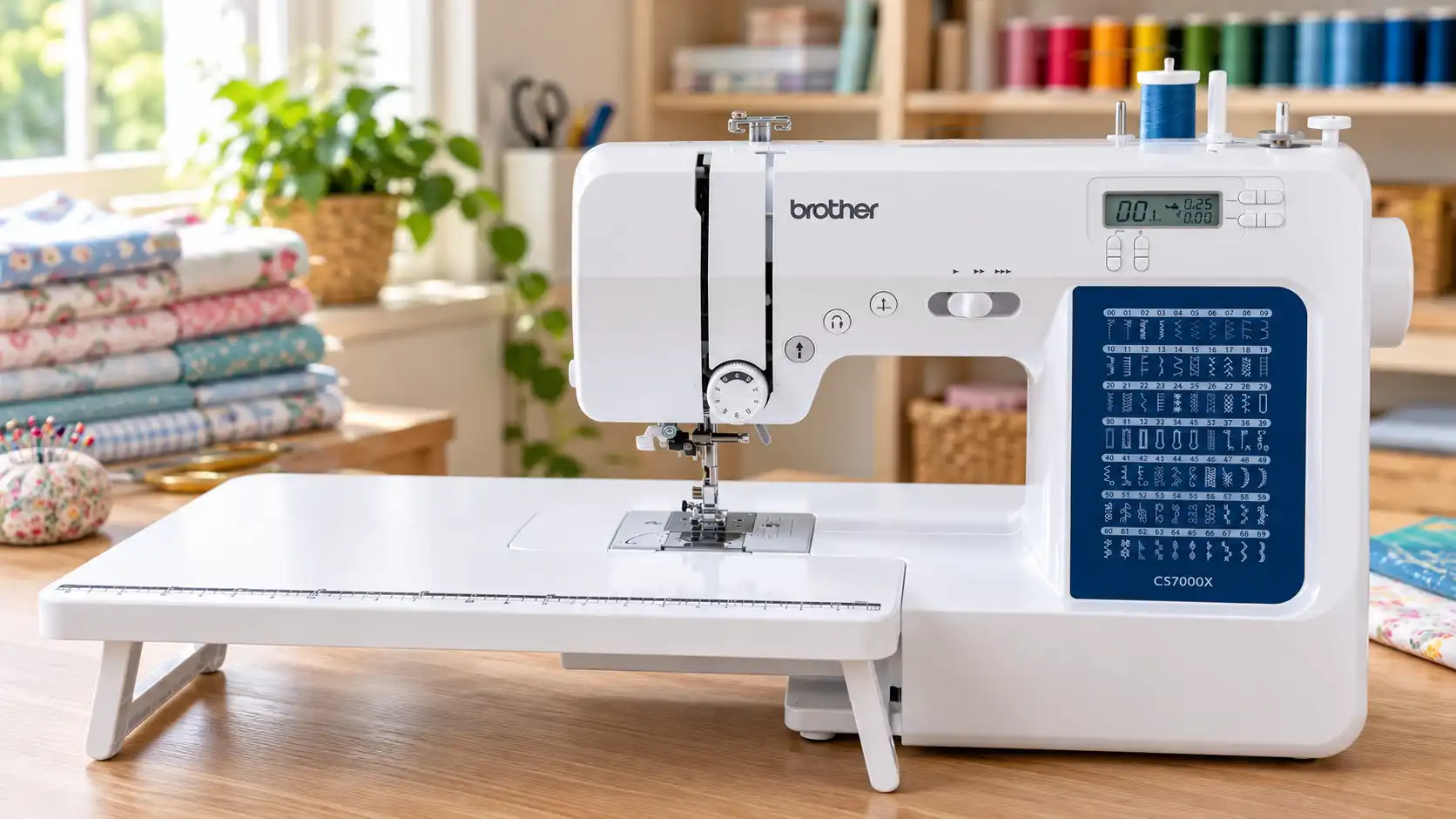 Brother CS7000X computerized sewing machine with the wide extension table attached.